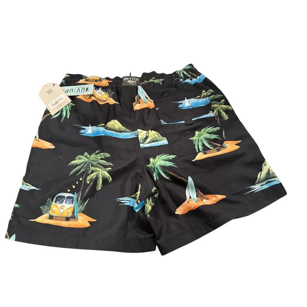 Spicy Tuna Mesh Lined Drawstring Swim Trunks Men Small black Retro VW Multi NWT